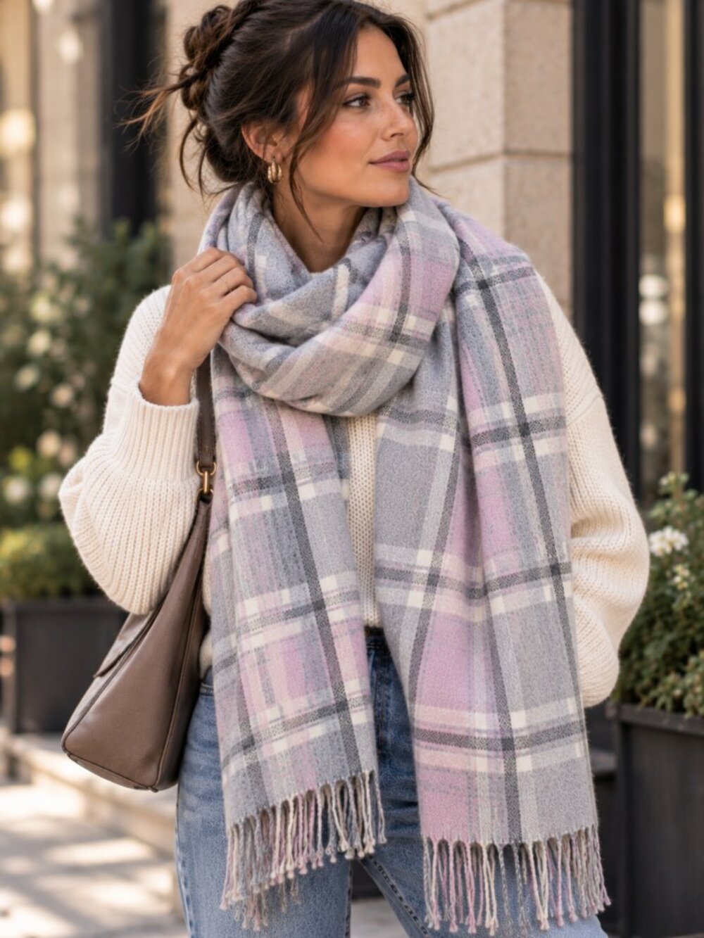 782 - Love & Lore Grey Pink Plaid Oversized Blanket Scarf Wrap